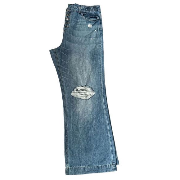 Venus Distressed Holes In Knees Wide Leg High Waisted Medium Light Wash Jeans - Picture 3 of 6